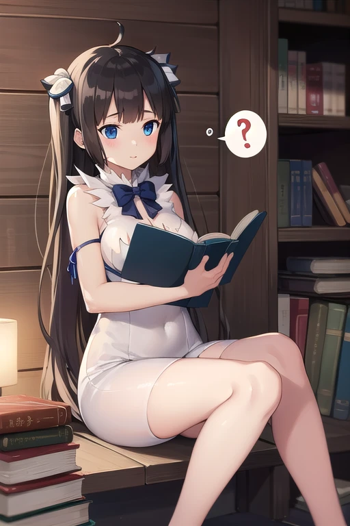 danmachi Hestia,  Hestia, middle、部屋のmiddle,read book , One Girl ,Bookshelf,sit,View Book,spoken_question_Mark,looking at book