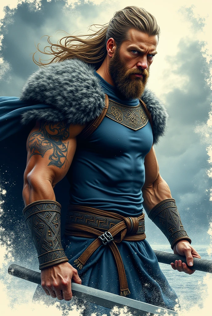 Uma pintura majestosa de um viking sueco, his piercing blue eyes looking into the distance as he stands atop a rocky cliff. The vegviser symbol on his chest glows with supernatural power, symbolizing their strength and determination. The artist's use of bold colors and dynamic brushstrokes brings this captivating image to life..