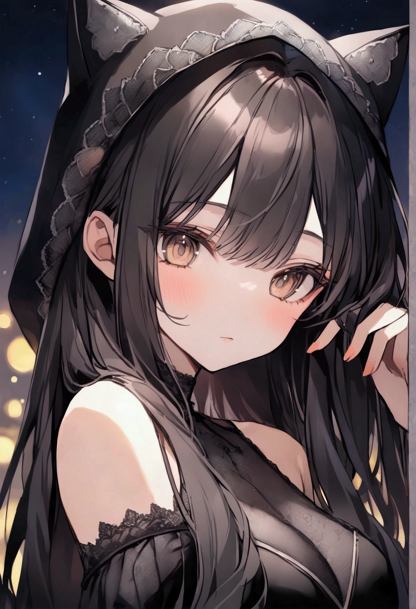 Night Sky、 girl、Cat ear hood、 Black Hair Long Hair 、 off-shoulder