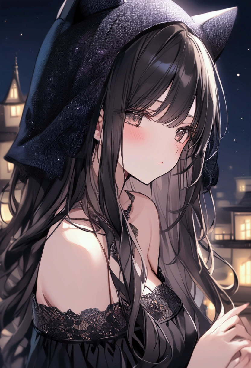 Night Sky、 girl、Cat ear hood、 Black Hair Long Hair 、 off-shoulder