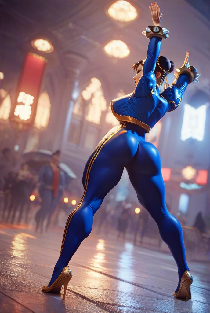 Alone, art, best quality, agrias, gray sweater, black leotard, standing, looking at viewer, short hair, eyes, evil smile, evil look, Chun-Li, black gloves, blue outfit, yandere face. She's in a fighting ring.