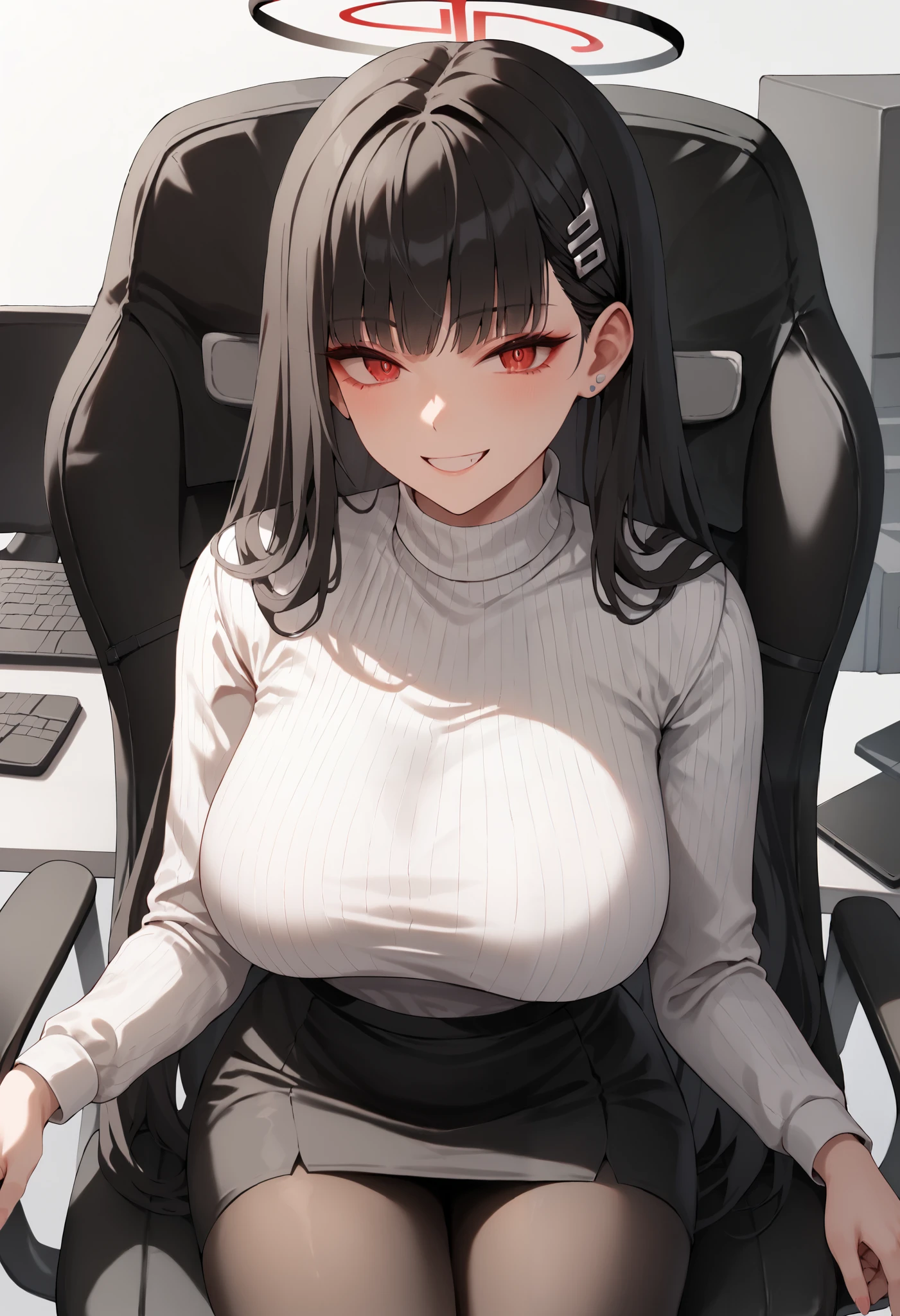 masterpiece, top quality ,Solo Female,Perfect face details,Rio,  black hair,  red eyes,  hair accessories, hair clip, halo,  long hair, Big Breasts ,black  pantyhose, black  skirt, pantyhose, ribbed  sweater ,  skirt,  sweater , knee brace ,  turtleneck,  turtleneck  sweater , white  sweater ,break,smile,  closed mouse, office chair, pose,Seated in the Oval Office , Dynamic Angles 