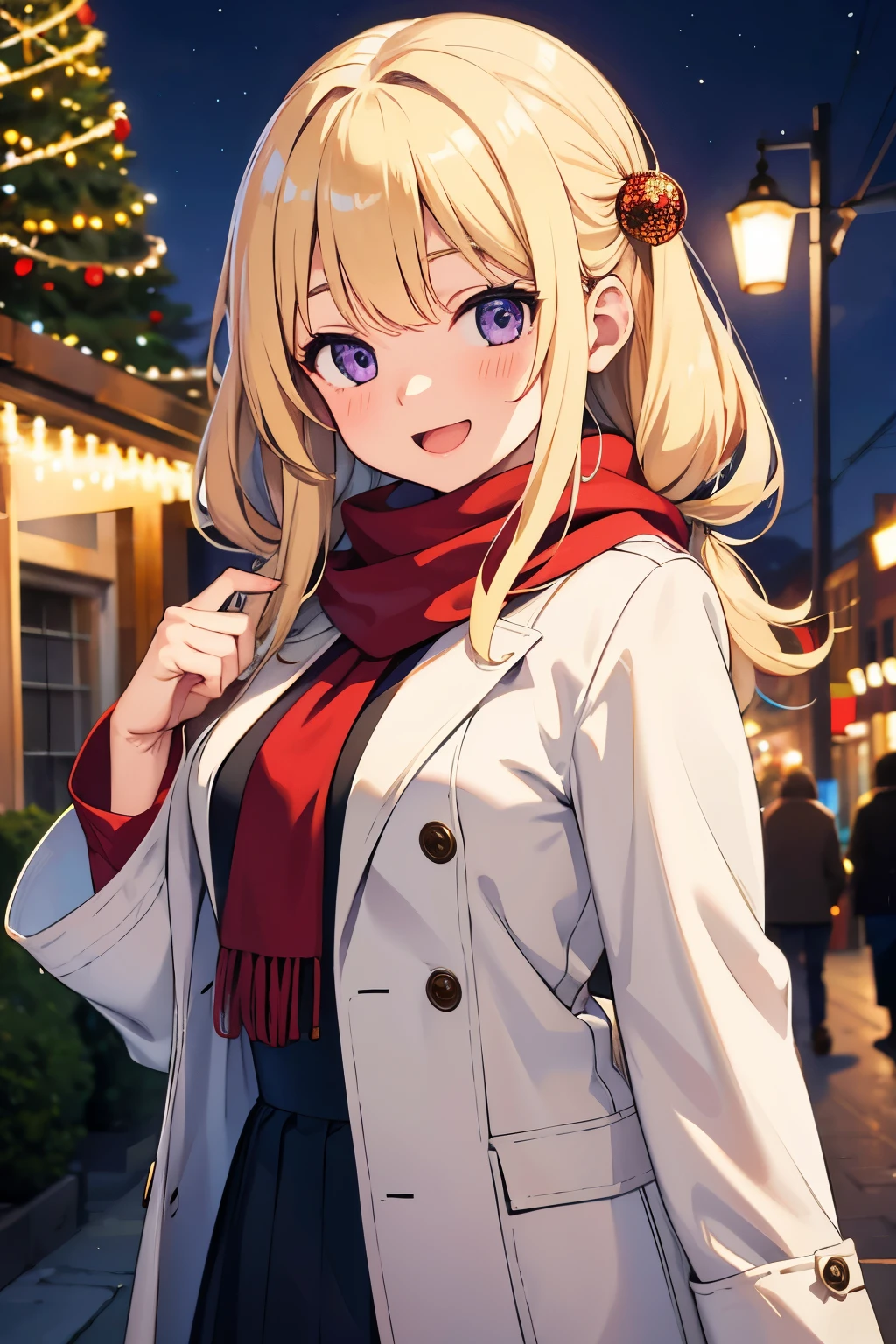  Christmas lights　In front of the Christmas tree 　 ******************　１４age　 A Cup Breasts　Blonde　 long hair　 gal　 purple eyes　Smiling face with slightly open mouth （（One person））　White scarf around neck　brown coat with upper body boa　 Longer Skirt 　 brown long boots 　 downtown at night　 Christmas lights　 standing　 from the front