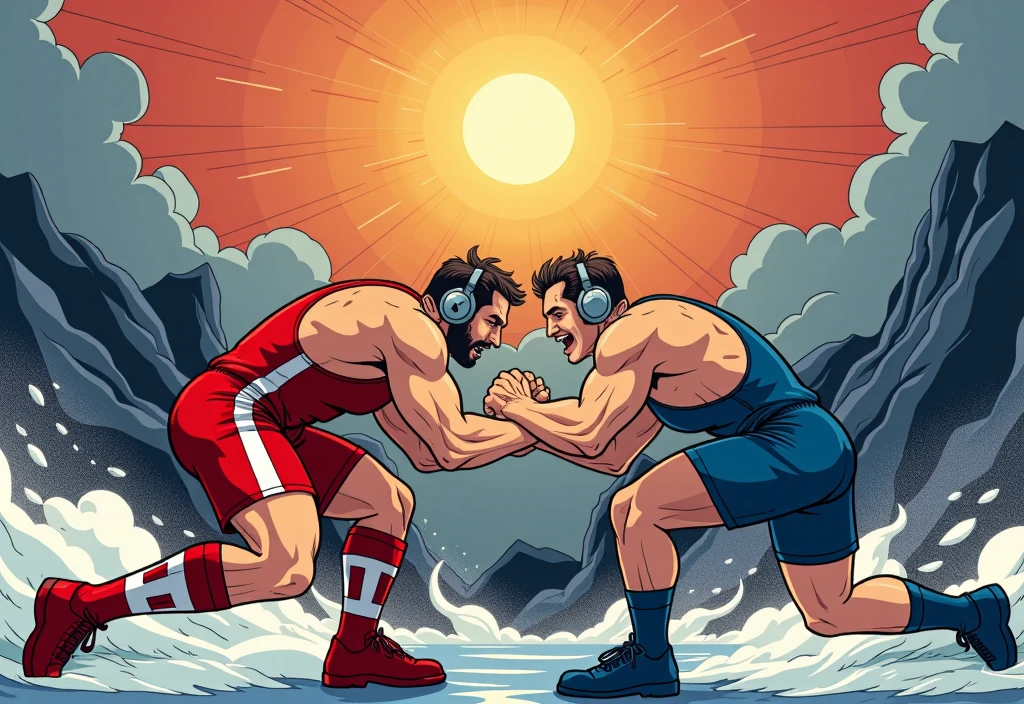 hand drawn, bold outline, simple vector, featuring dynamic characters in majestic environments, graphic illustration, graphic novel art, vibrant, highly detailed, natural light. Create an illustration of two wrestlers in a dynamic grappling match. One wrestler is wearing a red singlet with white stripes that show muscle and determination. The other is wearing a blue singlet with a sleek design that shows strength and focus. Capture the intensity of the moment by emphasising their athleticism and concentration in a vibrant, action-packed style.