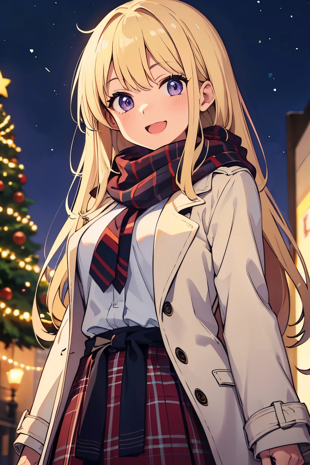  Christmas lights　In front of the Christmas tree 　 　１４age　 A Cup Breasts　Blonde　 long hair　 gal　 purple eyes　Smiling face with slightly open mouth （（One person））　White scarf around neck　brown coat with upper body boa　 Longer Skirt 　 brown long boots 　 downtown at night　 Christmas lights　 standing　 from the front