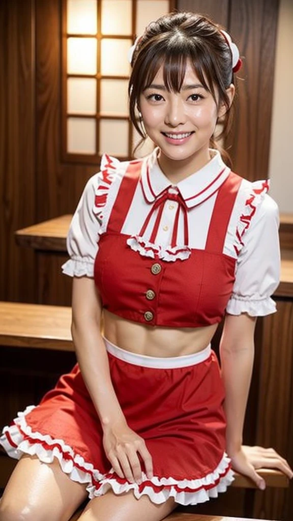 (nsfw:-2),(best quality, masterpiece), RAW photo, high resolution, intricate details, extremely detailed, insanely detailed, incredibly detailed, finely detailed, (full body, frontal photography,view from above), looking at viewer, solo, 1girl, a 24 years old Japanese female, pretty woman, cute face, (open legs, legs apart, thighs), (kneeling on the table top:1.2), kneel down, on the table, (puffy short sleeve ruffle shirt), (pink miniskirt), (pink maid apron), (button-down shirts), (Neck strap button clearance), corset, high heels, medium-length hair, dark hair, high ponytail, curls, pale skin, large Breasts, lower bust, hands behind back, (peeing in cup:1.7), (cup on the table, injected with unknown liquid), (Awkward:1.2), (a happy expression, abnormal expression), perfect anatomy, photo background, indoors, cafes, window, daytime,