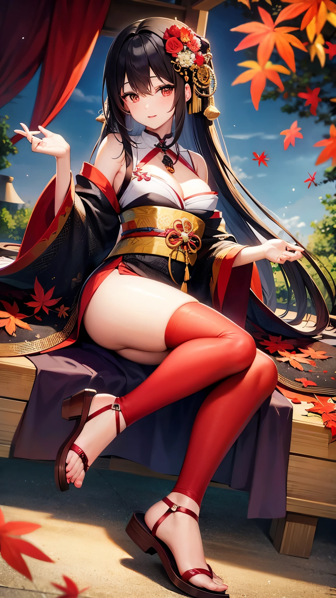 A black-haired woman wearing a shrine maiden outfit with leg slits Spread your legs