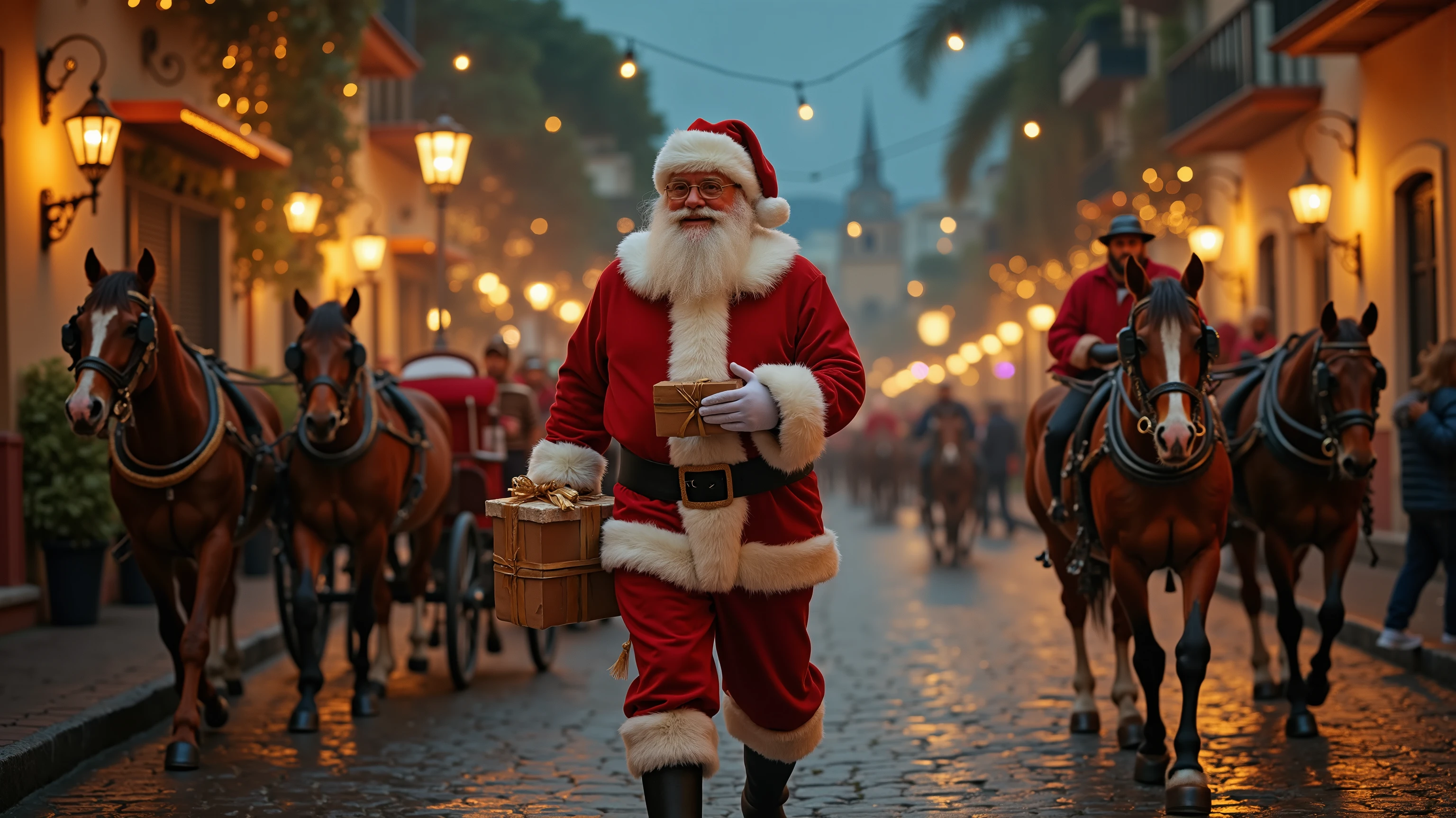 Show Santa Claus walking through the historic streets of Intramuros, delivering gifts. The cobblestone streets are lit with Christmas lights, and the scene includes horse-drawn carriages and Spanish-era buildings