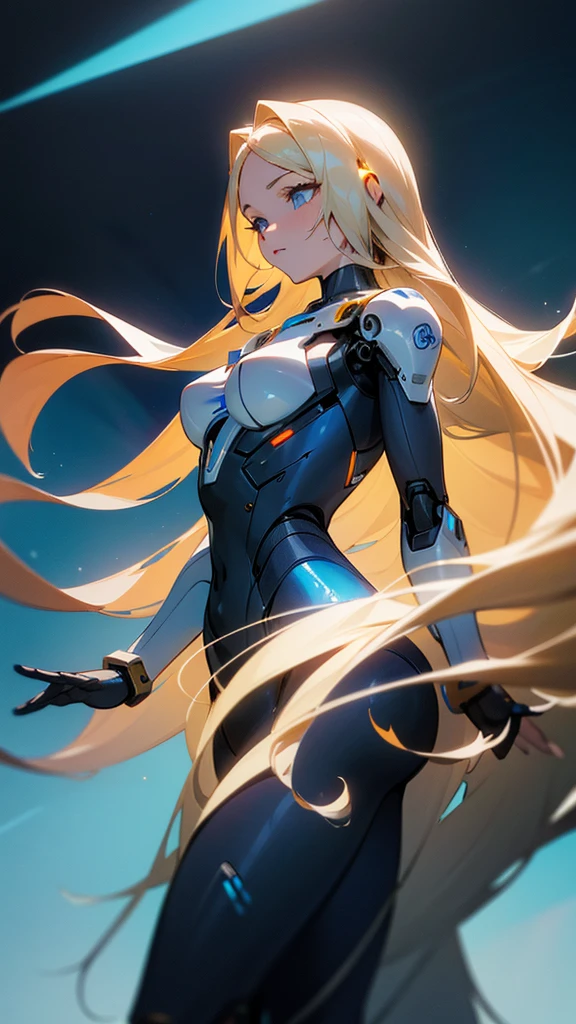 android, robot woman, big glutes, nuisette, blonde, blue eye, arms extended forward, embarrassed expression, hardened nipples, glued clothes