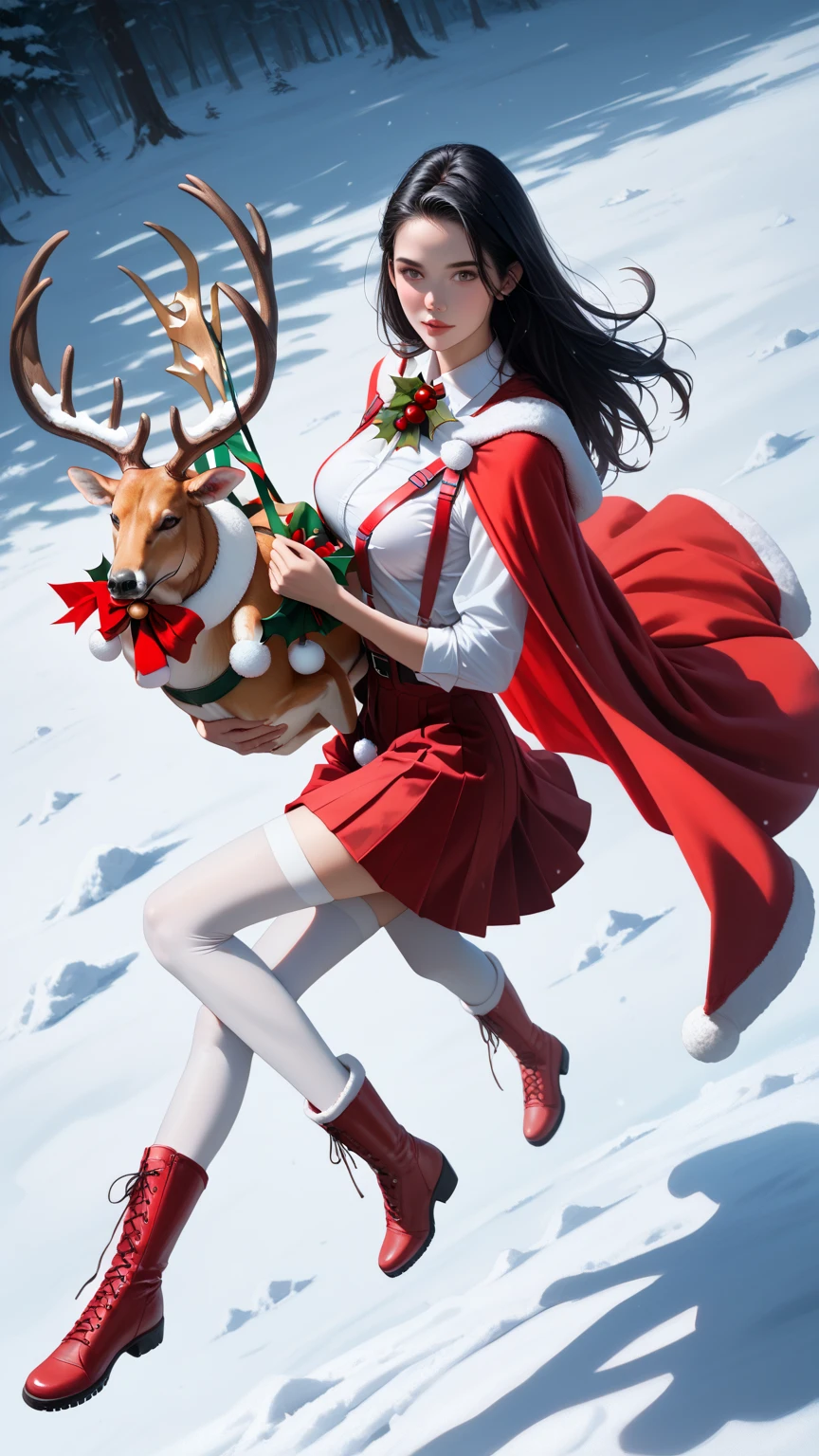 score_9,score_8_up,score_7_up,high res image,masterpiece,best quality,realistic,1girl,santa_costume,white_shirt,(red cape:1.2),(red skirt:1.2),(dynamic_angle:1.3),(medium breasts:1.3),(black hair:1.3),(white suspenders stockings:1.3),(santa_boots:1.2),girls carrying elk,