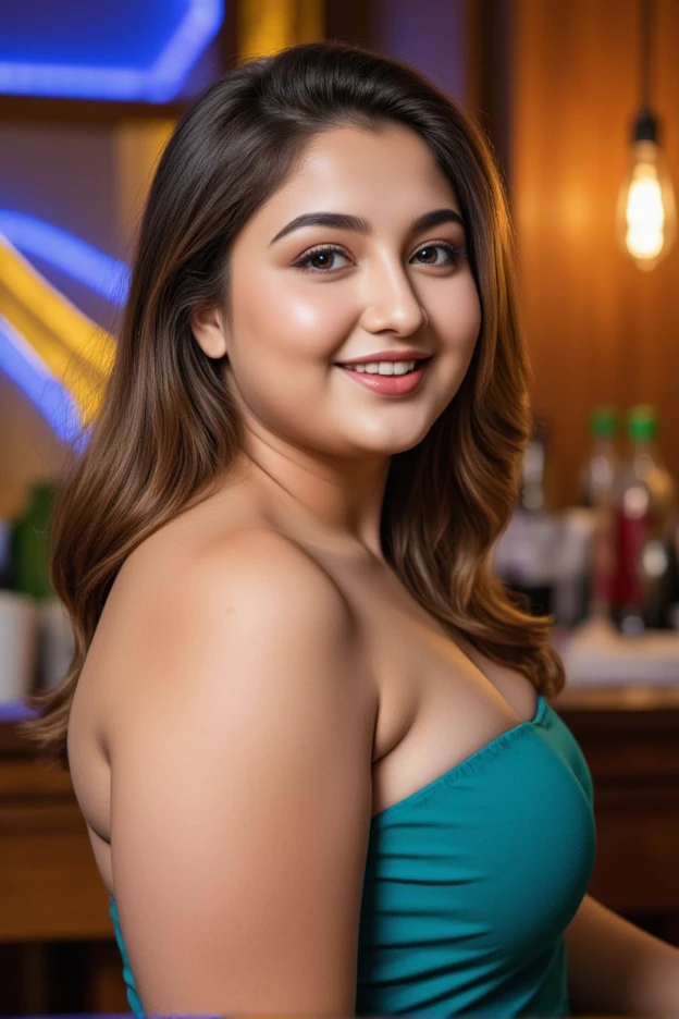 full body photography of fat 23 year old girl , wearing teal strapless dress, long hair hanging front, at bar , looking to the right, chubby face, double chin, smiling , spectacular lighting, gorgeous, photoshoot, Pakistani, big eyes, (masterpiece), best quality, high resolution, extremely detailed background, skin with pores, , bright lighting Completed
