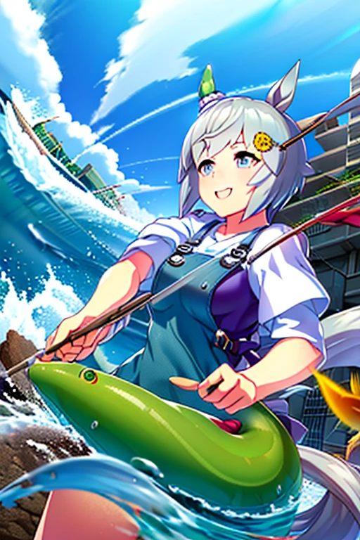 3D Animation，CG， Her hair is silver ，  colorful environment  ， Professional fisherman   ，   wielding spears  ，   big fish standing in the sea with a boathead  