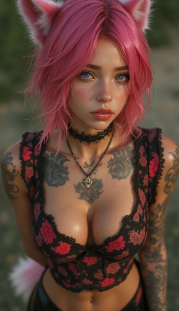 Eva Green, (best quality,4k,8k,highres,masterpiece:1.2),ultra-detailed,(realistic,photorealistic,photo-realistic:1.37),HDR,UHD,girl,tattooed girl,pink bob hair,blue eyes,full breasts,black underwear,detailed facial features,brightly lit,portrait photography,vivid colors