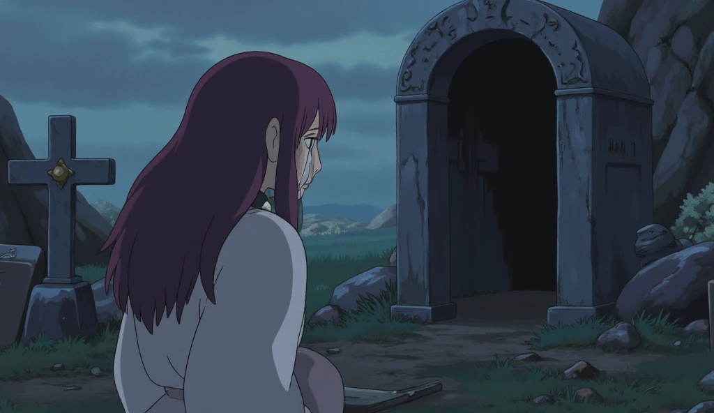  moment of separation, Beautiful Witch,  Purple Haired Witch, Fairytale , A witch who endures crying in front of a tomb , What symbolizes an inspiring ,  in a dreary 