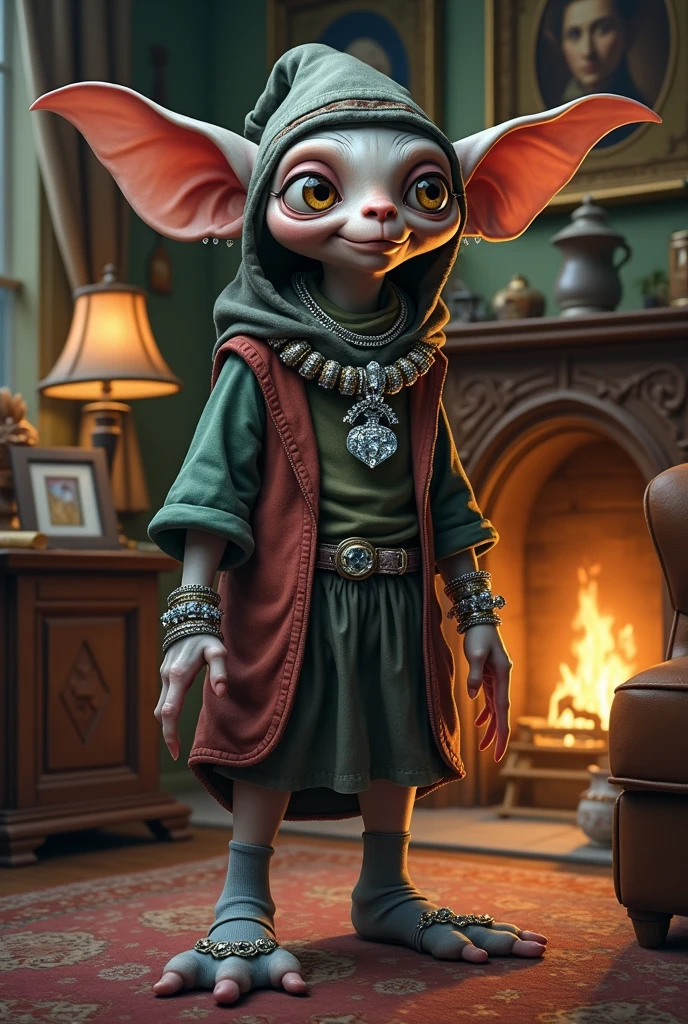 rear view, solo, 1boy, pale skin, gollum \(tolkien\), smeagol, ugly, sharp teeth, bad teeth, blue eyes, bald, hair strands, (skinny:1.3), virgin killer sweater, sweater dress, red sweater, backless, sleeveless, shoulder blades, ribbon, (flat chest:1.2), twink, blush, cute, masterpiece, extreme detail, (glitter:0.9), pointy ears, ripped ear, parody, kneeling, ass, butt, indoors, toony, indoors, cozy, fireplace