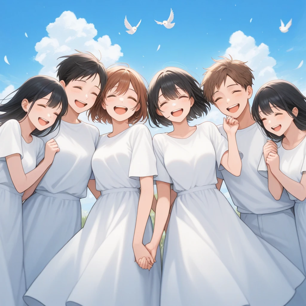 a group of people holding hands in the background, a path in the distance, blue sky, a peace dove, happy, laughing, peaceful