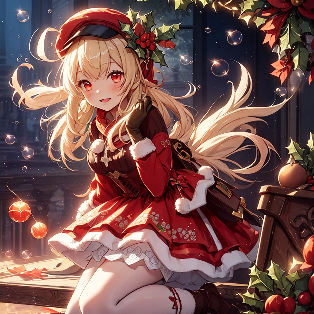 Teenage Girl， charming，gorgeous，In Love ，sacred，( Christmas padded jacket，Warm clothing，Little bubble skirt )，blond，klee， red eyes，  Minimalism  ， Multi-layer exquisite ruffles ，Lots of Lace，( Lines on clothes :1.2)，( Exquisite clothing :1.1)，(Multi-layer Skirt ),Princess Crown， Perspective tulle garment ， Beautiful detailed face ， Bedroom scene in Western mythology， movie lights ，night，Single， Metallic Decoration ，lace,(shine:1.2), ( Best Quality ), (masterpiece:1.2)