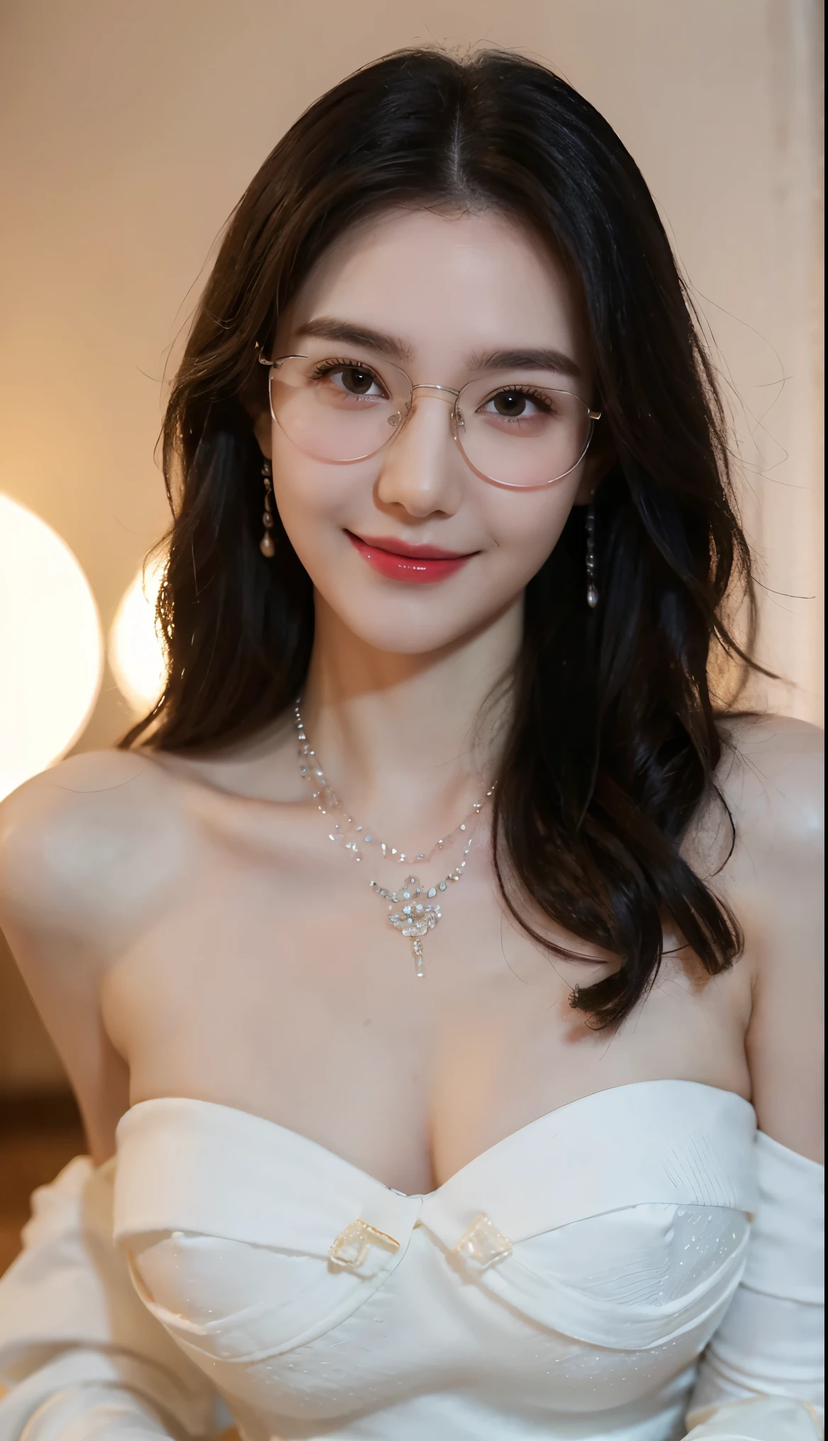 (Canon RF85mm f/1.2), (8K, original photo, Best Quality ), (masterpiece), (actual, photograph actual), ( very detailed, high detail, best image quality , super detailed , high resolution , very detailed, very detailed的描述, Ultrafine, Extremely exquisite and beautiful work ), beautiful and delicate girl , Solo Girl , (( Perfect Body )), very detailed eyes and face, White Skin, Noble and beautiful, (( delicate skin texture , Pores)), perfect anatomical structure, beautiful body, exquisite face , Slim Abs , Slim waist), Big Ass, ( Big Breasts , breast enlargement), (Rift), (An affectionate gaze at , Soulful eyes, glowing eyes ), ( Beautiful clear eyes ), (Bounce Curly Messy Long Hair), ( Smile:1.2), (Fascinated expression), ( charming appearance ), ((Cardigan,Strapless Wedding Dress)), ((Tight)), ((Bud)), ((Wearing glasses)), earrings, necklace, ((night)), ((Street View, moonlight)), Physically Based Rendering , Real light , ((( upper body))), (( looking at the audience )), ((eternal)), ((Happy and shy))