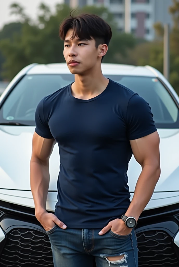 (masterpiece: 1.2),(CGI Art:1.3), (Realistic:1.5),(Post Processing:1.3),(crisp focus:1.3),1 man,smile, ((Wear a short-sleeved sweatshirt. : 1.5)), (Sweatpants) , Short Hair Hair, korea , facial hair, (High shadow detail), Big arm muscles, blood vessel, Big muscles, Wide shoulders, (Sit in the car), road, motor vehicle, outdoor, Open Space, Building Building ,