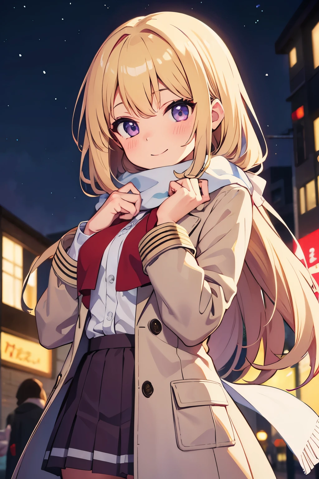  　１４age　 A Cup Breasts　Blonde　 long hair　 gal　 purple eyes　 blush your cheeks　smile（（One person））　White scarf around neck　brown coat with upper body boa　 Longer Skirt 　 brown long boots 　 downtown at night　 Christmas lights　 standing　A golden ring shines on the ring finger of the left hand　 from the front