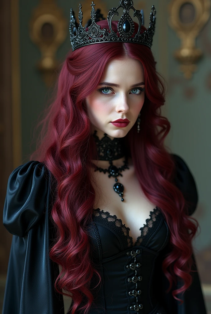 A captivating close-up image of a 30-year-old woman with vivid red hair and an enchanting gothic style. Her gothic attire accents her eloquent decollete, adorned with exquisite jewelry like a lapel pin and an intricate flook. Zaha Hadid-inspired artistic elements add an elegant touch to the photo, making it an alluring estate agent listing image of a charismatic and glamorous author. Detailed facial features reveal expressive eyes, finely detailed skin with a pale complexion, captured using a Canon EOS R5, 85mm lens, F/1.4, with pr
