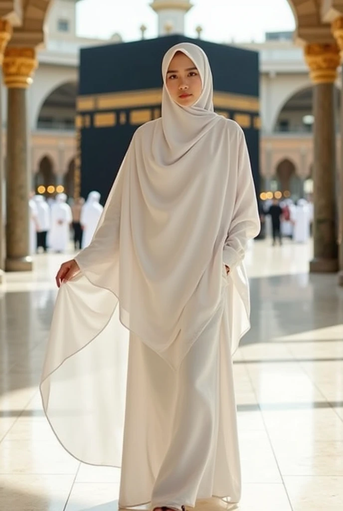  Beautiful indonesian woman, wearing white hijab and muslim dress, standing on white marble floor in masjidil haram, kaabah in the background, look at the viewer, cinematic light. 