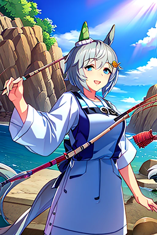 3D Animation，CG， Her hair is silver ，  colorful environment  ， Professional fisherman   ，  Wield a fishing rod ，   big fish standing in the sea with a boathead  