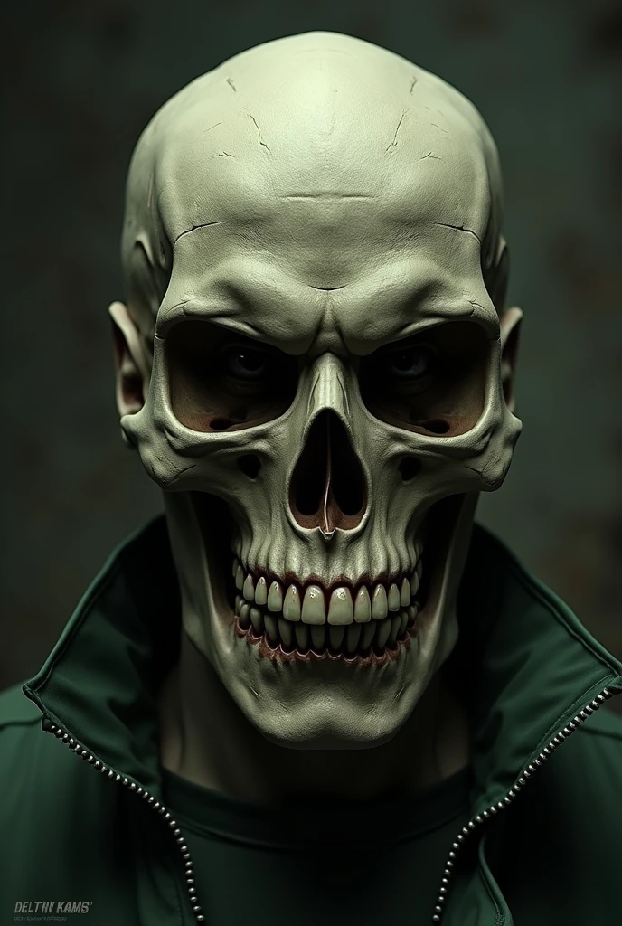 A skull staring at the camera with a gloomy look behind him there is a green backdrop