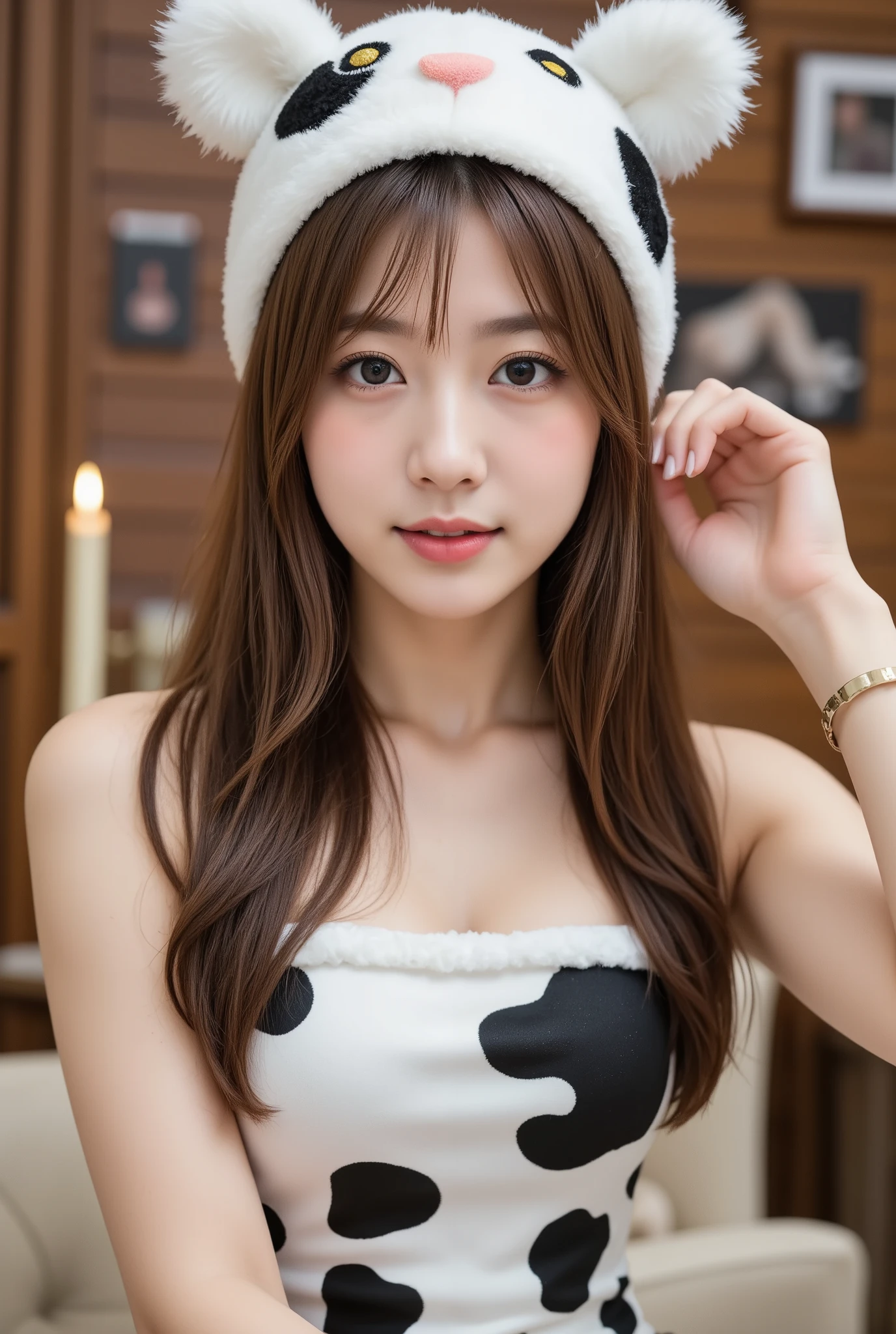 Masterpiece, 8k, Photorealistic, Raw photo, top-quality,Beautiful Japanese women , 
japanese influencer with light brown hair and natural makeup,  wearing a Cow pattern Santa dress and cow pattern santa hat with fluffy fur accents, Sitting in Cow pattern train,
Plump breast, From below