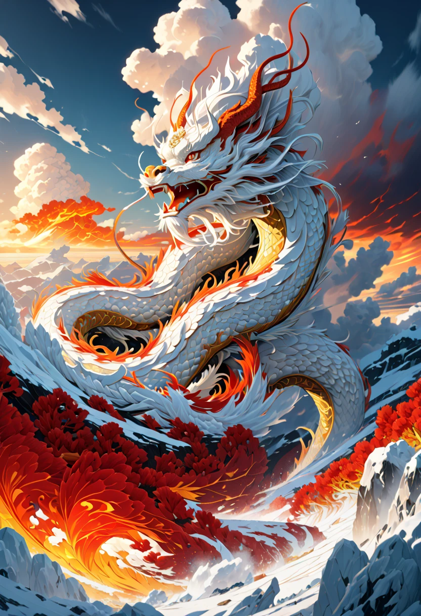 (The main subject: wide wide shot), The flame  white, [Multicolored,(Chinese dragon anthropomorphism)], safe,dramatic clouds,(Go deep into the arctic), Rich details​, (Wide sky), (sense of vastness),Energy and vitality, Complicated details.(Best quality, A high resolution, tmasterpiece:1.2), (actual:1.37), HighDynamicRange。