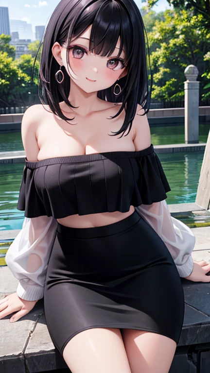 Young girl, skinny, narrow waist, large breasts, straight black hair, green eyes, freckles, halter top, sleeveless, cleavage, crop top, black miniskirt, panty peek, pantyshot, sitting, parted lips, from above, looking at viewer, spaghetti straps