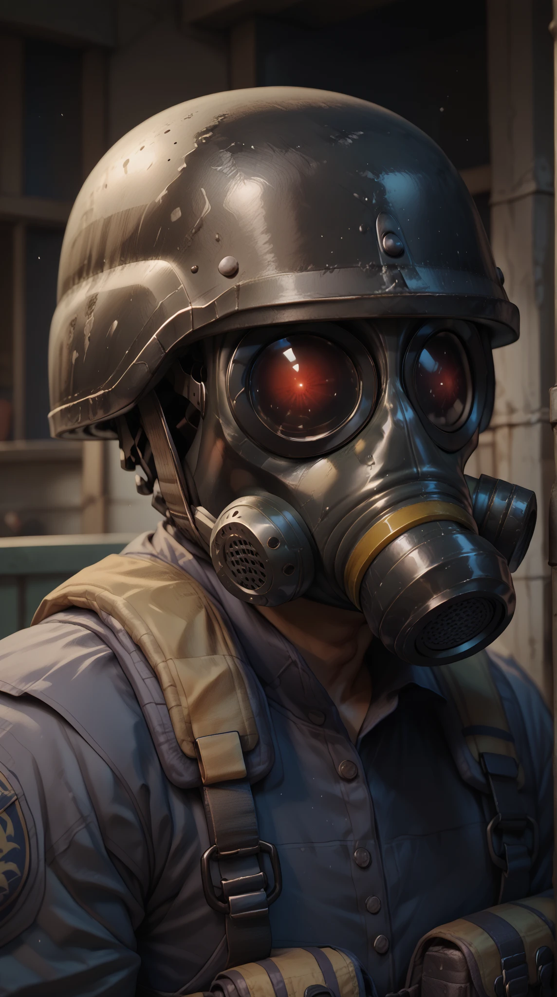 hunker, helmet, gas mask, short