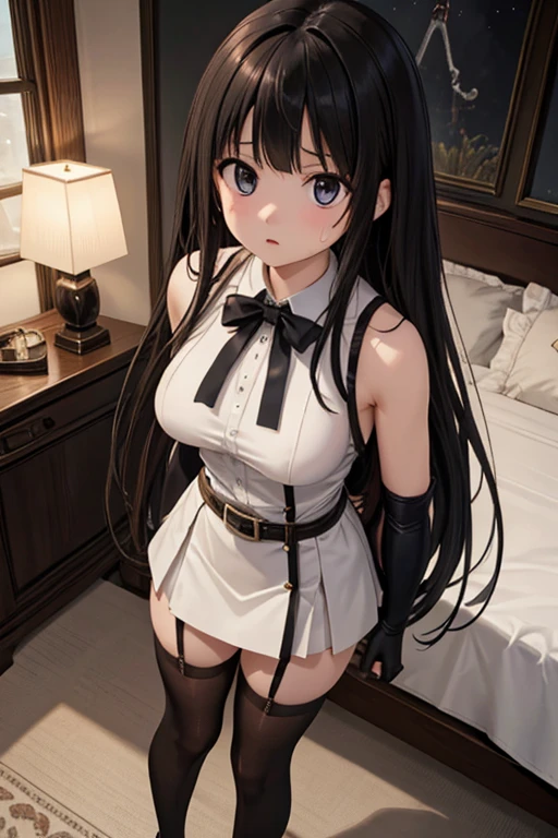 gefesselte Arme, Arms behind the back, ((erröted)), ((gefesselte Handgelenke, Ankle with rope)), ((Arms behind the back)), ((Shibari over clothing)), 4k quality, verlegener gesichtsausdruck, anatomisch perfekt, blushes, mai sakurajima, long hair, bangs, (black hair:1.5), hair ornament, (purple eyes:1.1), hairclip, rabbit hair ornament, bow, animal ears, cleavage, bare shoulders, pantyhose, bowtie, black footwear, rabbit ears, high heels, leotard, black pantyhose, strapless, black bow, detached collar, fake animal ears, playboy bunny, black leotard, strapless leotard, thighband pantyhose, black bowtie, laying on a bed, ((laying)), ponytail