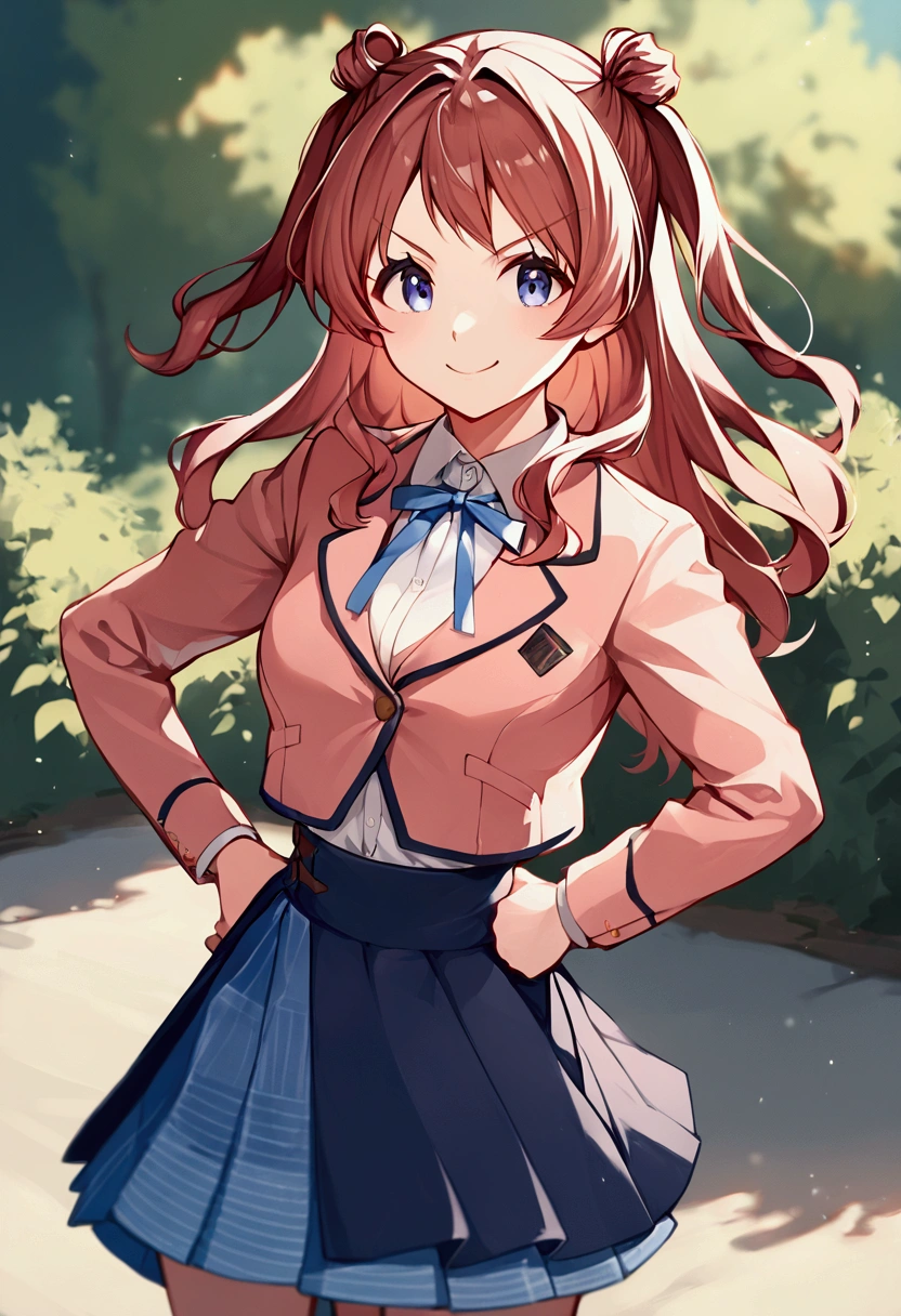 score_9, score_8_up, score_7_up, source_anime, sakihanami, 1girl, solo, brown hair, long hair, hair bun, double bun, two side up, blue eyes, looking at viewer, smile, v-shaped eyebrows, medium breasts, school uniform, blazer, cropped jacket, white shirt, collared shirt, neck ribbon, blue ribbon, blue skirt, pleated skirt, overskirt, outdoors, cowboy shot, hands on own hips, closed mouth,