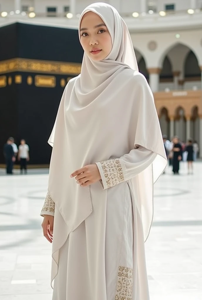  Beautiful indonesian woman, wearing white hijab and muslim dress, standing on white marble floor, kaabah in the background, look at the viewer, cinematic light. 