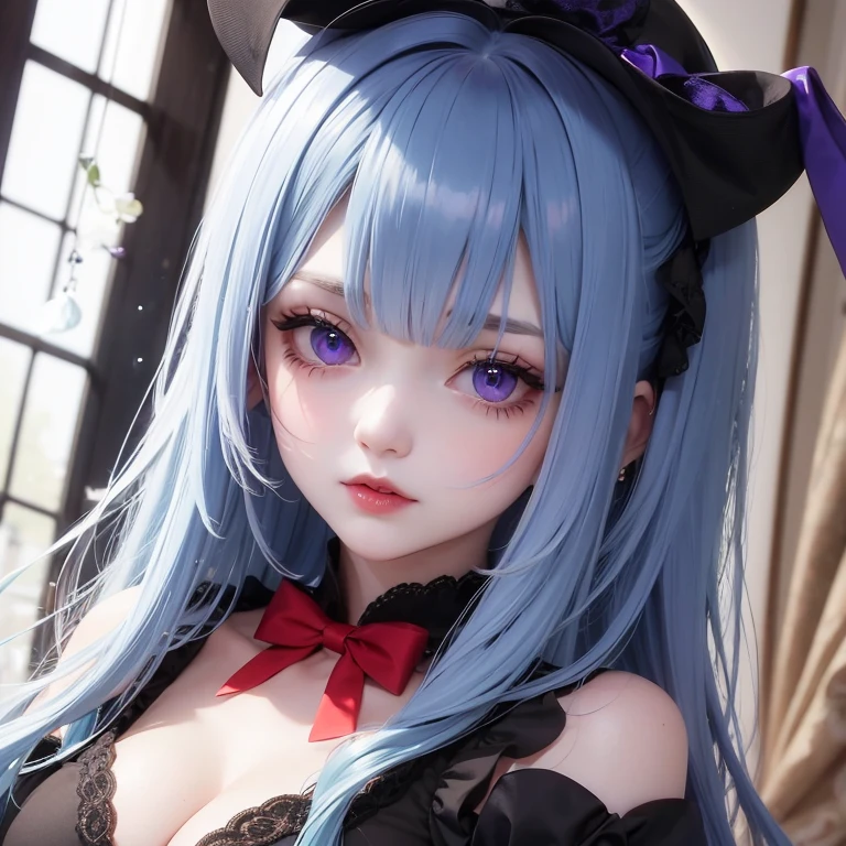 masterpiece、highest quality、1 girl、(wearing a mob hat)、medium blue hair、blush、bow、Ascot、wingspan、bedroom background、big breasts、thin、Remilia Scarlet、I can see the whole body、full nude、sleep on your back、cute face、beautiful breasts