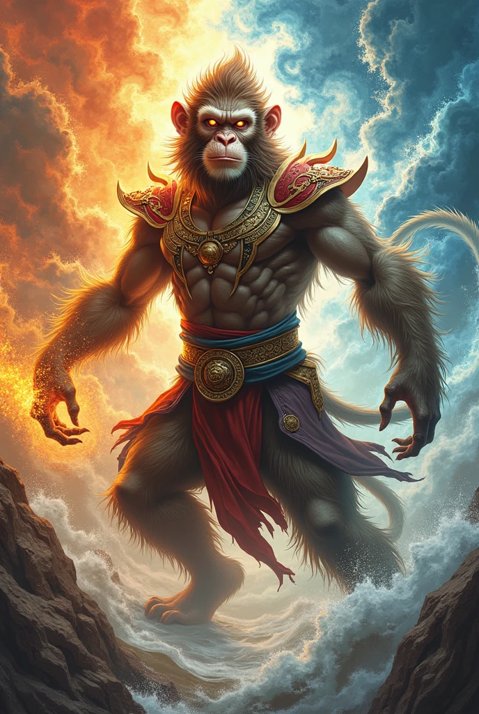 A powerful Wukong, the Monkey King, standing atop a cloud-wreathed mountain peak. He wields his Ruyi Jingu Bang staff, which glows with celestial energy. He wears golden armor with flowing red sashes, a phoenix-feather crown, and mischievous grin. His fur is a mix of fiery orange and dark brown, and his eyes gleam with both wisdom and playful chaos. In the background, a swirling vortex of magical energy depicts his mastery over the elements.