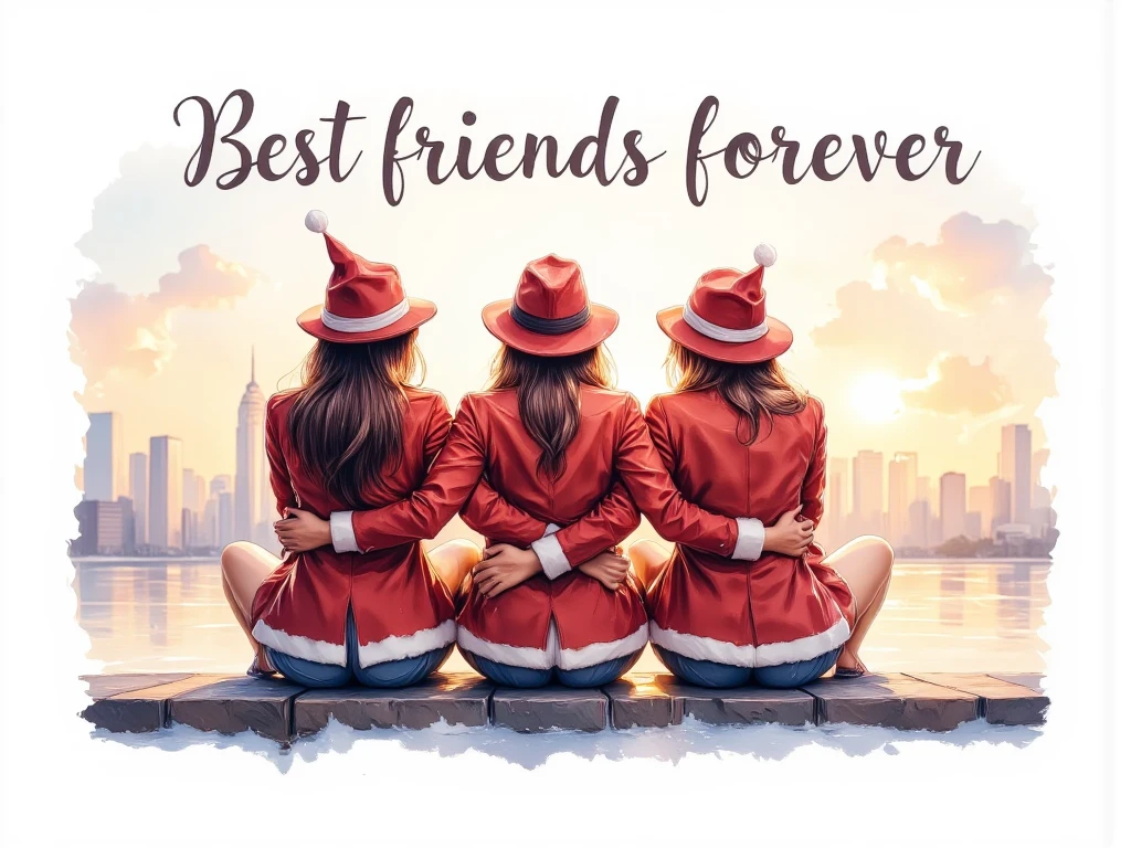 :"A highly detailed artistic illustration of three woman sitting together on a small, long pier at sunset, their arms around each other, created with black charcoal ink strokes. The scene exudes friendship and unity, with the woman dressed in classic Santa Claus red revealing jacket and hat. Integrated into the composition is a peaceful and emotional cursive text with the words "Best friends forever", presented in a subtle yet elegant font." They are depicted from beside, framed against a simple white background with a golden sunset. The illustration emphasizes emotional connection through intricate and expressive line work, which exudes calm and introspection