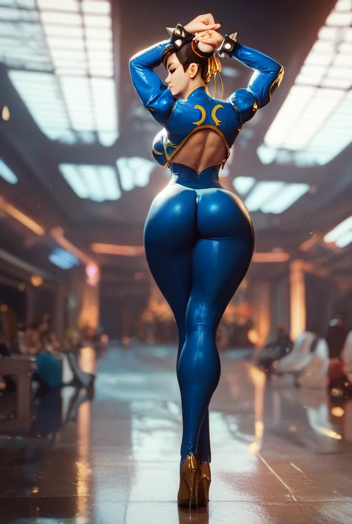 masterpiece, best quality, very aesthetic, absurdres, newest, ai-generated, detailed background, indoors, day, yoga studio, chunliSDXL, AddXL, 1girl, solo, looking at viewer, (leaning forward), (view from behind:1.4), black hair, (brown eyes), hair bun, double bun, bun covers, (spike bracelets), makeup, (blue yoga pants:1.4), (blue china dress:1.4), (pelvic curtain:1.2), flats, (gigantic_breasts), skindentation, (fighting pose:1.2), (huge_thighs:1.4), (cleavage:1.4), (huge_ass:1.4), (wide_hips),