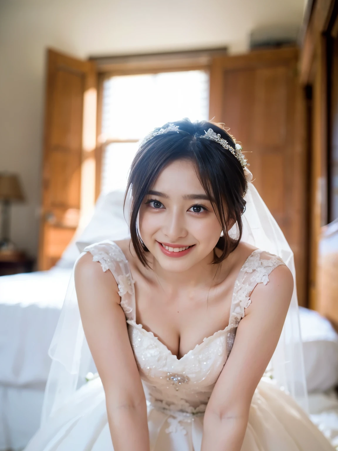 masterpiece、Highest quality、8k、20th Generation、(normal breasts:1.3)、cleavage、cute、alone、sad、Girlish、Delicate girl、Pure beauty、smile、RAW Photos、Professional photography、Portraiture、Soft Light、Professional Lighting、Backlight、Upper Body、Front view、(wedding dress:1.5)、(On all fours, Hotel Rooms)、Sophisticated、 (Eye and facial details:1.0)、 Short floating hair、flowing hair、bangs、protrudes greatly、Erotic shorts、Standing Elegantly、beautiful legs