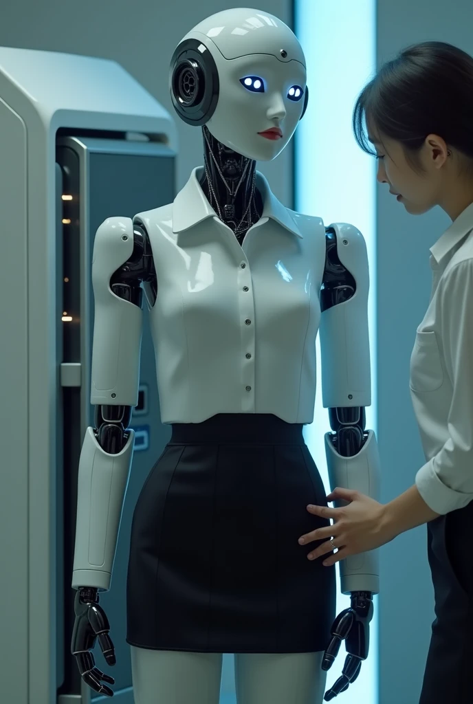 A burly male robot and a real realistic realistic 25 year old Chinese woman in short skirt passionately lingering hugging and kissing, woman slender, intricate 3d rendering very detailed beautiful ceramic silhouette female robot face, robot, robot parts, 150mm, beautiful studio soft light, edge light, vibrant details, luxurious cyberpunk, lace, surrealism, anatomy, facial muscles, cable wire, microchip, elegant, beautiful background, octane rendering, HR Giger style, 8k, best quality, masterpiece, illustration, very refined and beautiful, very detailed, CG, unified, wallpaper, (realism, fidelity: 1.37), amazing, fine detail, masterpiece, best quality, full body,