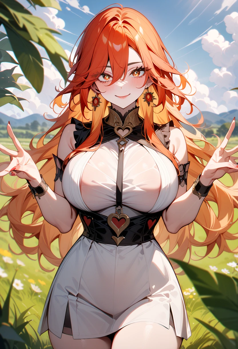  masterpiece ,  best quality , newer, 1 girl,  looking at the viewer ,  gunman shot ,
monte_dama, Ojos rojos,  blond hair ,  long hair, perforar el cabello, bright pupils,
 big breasts , Lips, smile, Heart with fingers, 
outdoors, Grass, landscape, cloud, Sunlight, field, summer,  traje de baño de dos piezas