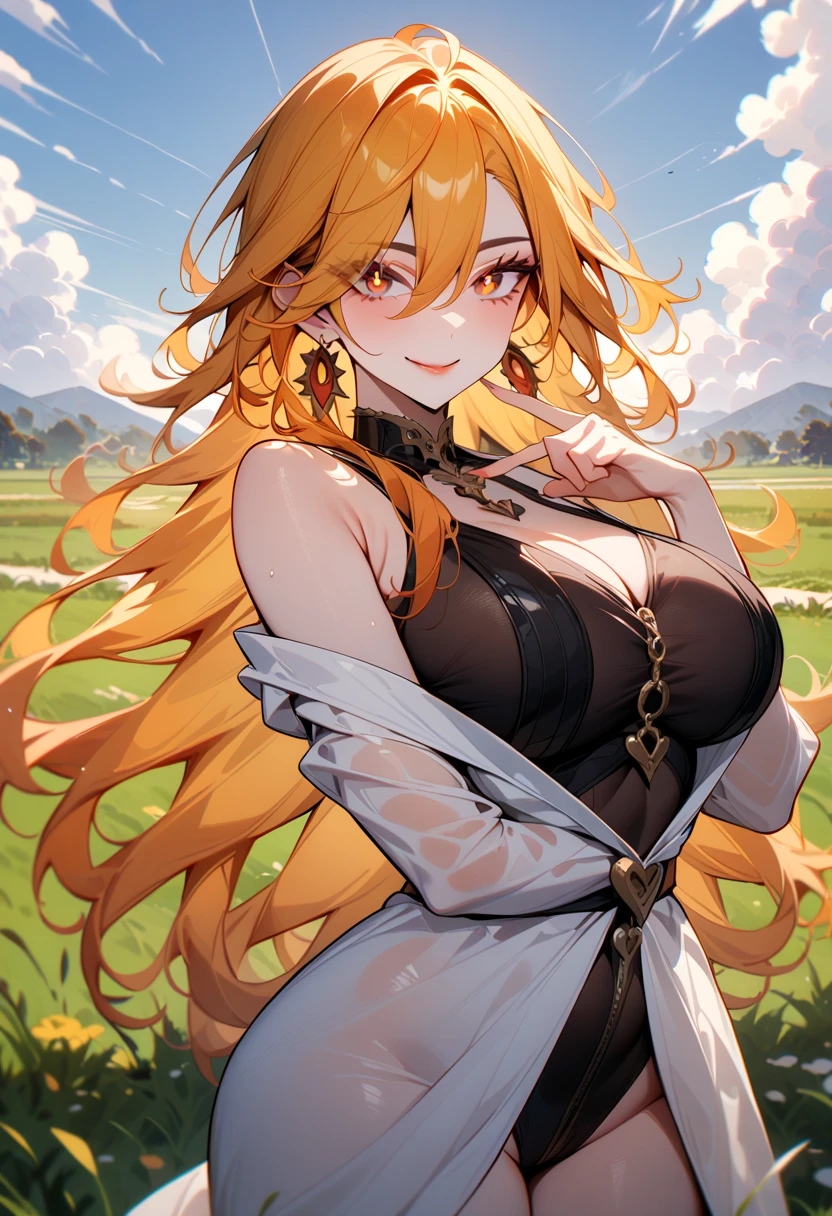  masterpiece ,  best quality , newer, 1 girl,  looking at the viewer ,  gunman shot ,
monte_dama, Ojos rojos,  blond hair ,  long hair, perforar el cabello, bright pupils,
 big breasts , Lips, smile, Heart with fingers, 
outdoors, Grass, landscape, cloud, Sunlight, field, summer,  traje de baño de dos piezas