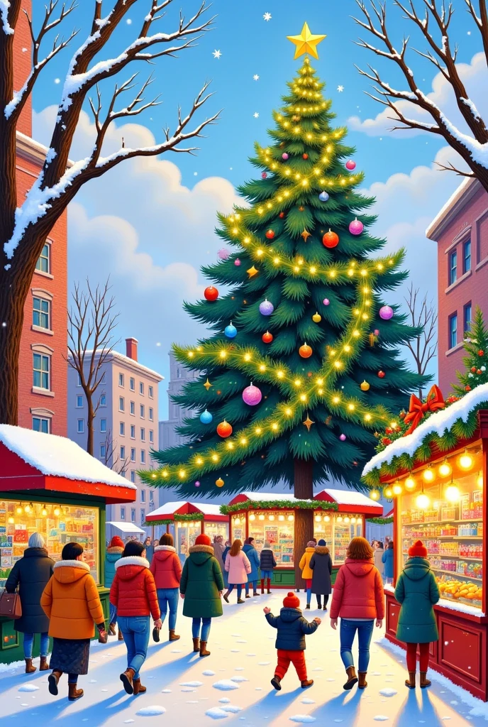  Christmas， bustling streets，Huge Christmas Tree ，crowd，shop