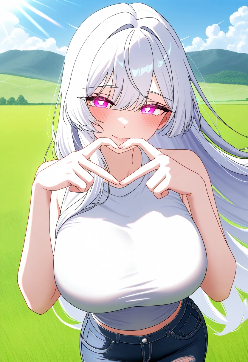  masterpiece ,  best quality , newer, 1 girl,  looking at the viewer ,  gunman shot ,
monte_dama, Ojos rojos,  white hair ,  long hair, perforar el cabello, bright pupils,
 big breasts , Lips, smile, Heart with fingers, 
outdoors, Grass, landscape, cloud, Sunlight, field, summer,  usando un top y jeans, gran escote