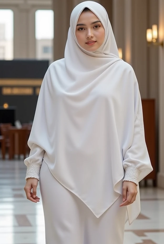  Beautiful indonesian woman, a bit chubby, wearing white hijab and muslim dress, standing on white marble floor, kaabah in the background, look at the viewer, cinematic light. 