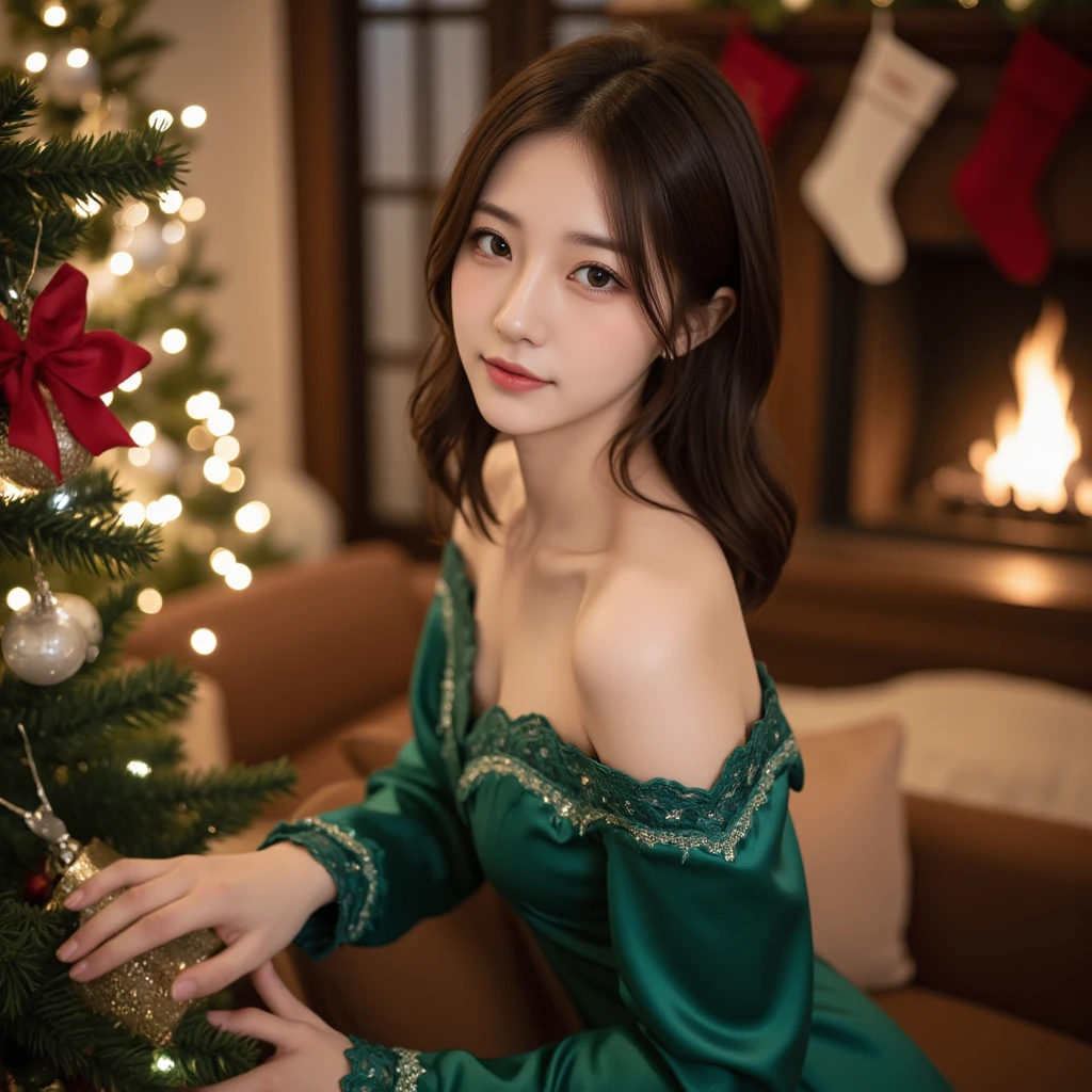 a beautiful young woman ((KPop Lisa) Lalisa Manobal, age 25), wearing an airy sheer Christmas night gown (shoulders exposed, deeply plunging neckline) , nude except for night gown, her intimate areas partially exposed and very detailed, playing with a baby bunny by an old-fashioned fireplace with a roaring fire, Christmas scene (best quality, 4k, 8k, highres, masterpiece:1.2), ultra-detailed, (realistic, photorealistic, photo-realistic:1.37), HDR, UHD, studio lighting, ultra-fine painting, sharp focus, physically-based rendering, extreme detail description, professional, vivid colors, bokeh, portrait, figurative, intimate, sensual, cozy, Christmas, warm lighting, chiaroscuro (show her entire body, show all of her)