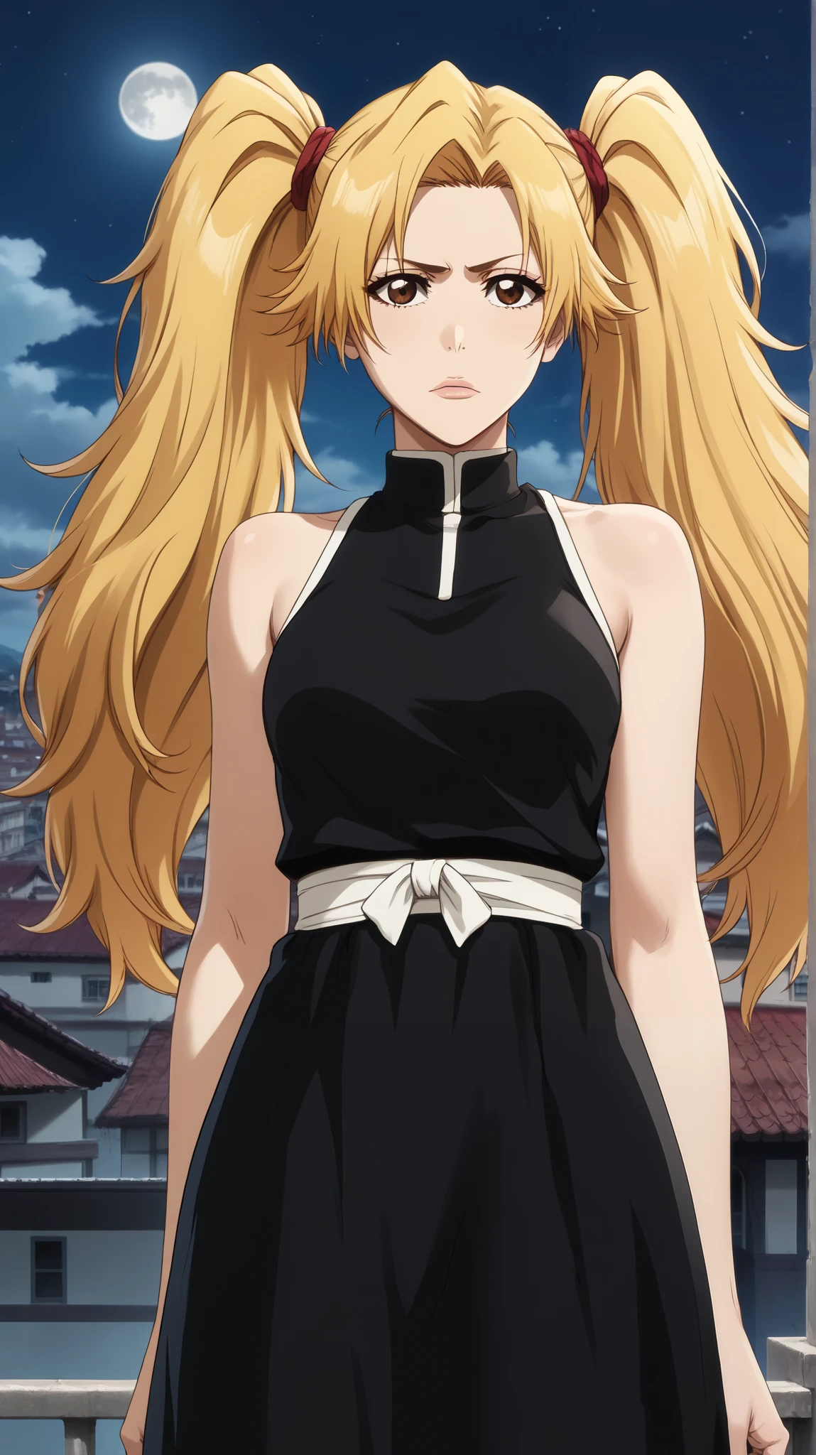  1 girl of fifteen years old ,  young girl , Lonely,  shinigami from anime  " bleach " .
Appearance:  brown eye  , (( in two long tails of hair on the head)),  straight light yellow hair , (( two tails of hair on her head )) black clothes синигами, sensual lips,  closed mouth ,  blond hair  (( black kosode  , черное хакаме sleeveless,  black clothes  синигами, sleeveless))  black clothes , black clothes,  black clothes  синими, (((  black clothes  ))) 
  standing on the roof of a tall building  ,  high house roof  ,  girl standing on the roof of a tall house ,  katana in a sheath at the waist ,  high-ranking roof  , Night, moon, большая желтая moon, girl's dream 