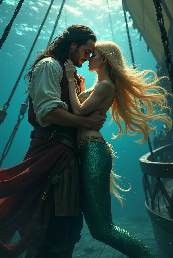 A heart representing a couple of a mermaid a pirate happily kissing pushing other people away representing an exclusive relationship 
