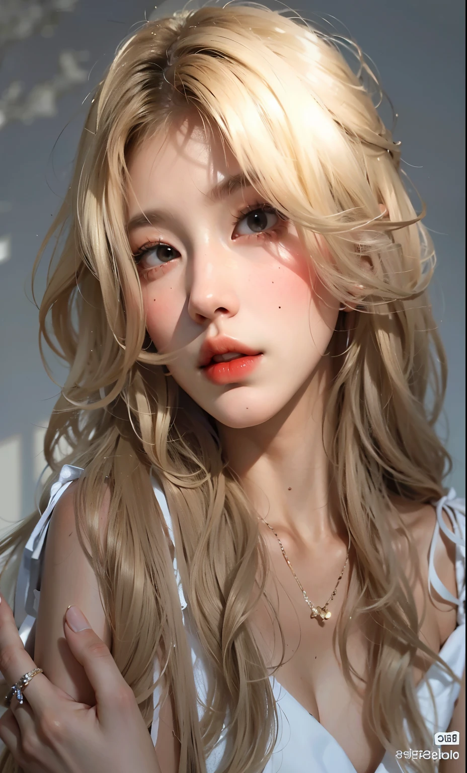 (UHD, retina, masterpiece, ccurate, anatomically correct, textured skin, super detail, high details, high quality, best quality, highres, 1080P, HD, 4K, 8k, 16k), (beautiful detailed eyes, beautiful detailed lips, extremely detailed eyes and face), (soft lighting:1.5), physically-based rendering, vivid colors, (big tits, super big tits, super extra big tits, glamorous body), (white business shirt), (portrait, shiny hair, shiny skin), (stylish restaurant, bokeh), (tilt your head to the side:1.5), (blonde hair, sleepy eyes, blush, parted lips, beer, salad:1.5),